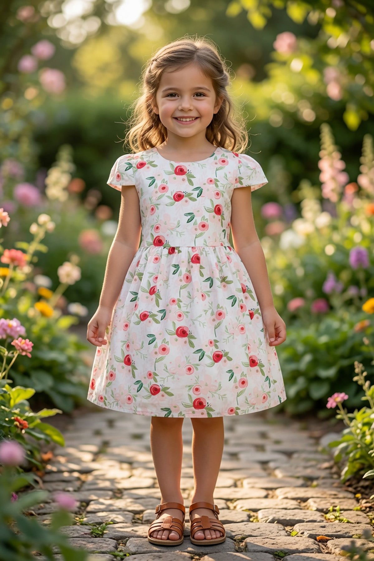 Girls Cherry Print Puff Sleeve Summer Dress