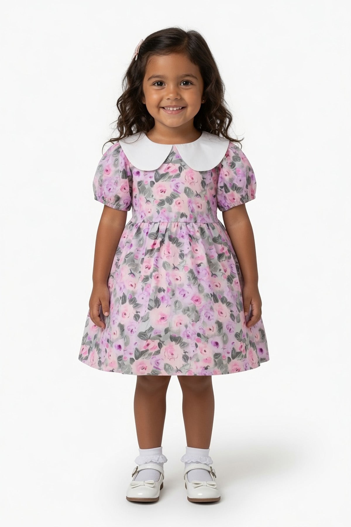 Girls Rose Print Dress with Peter Pan Collar