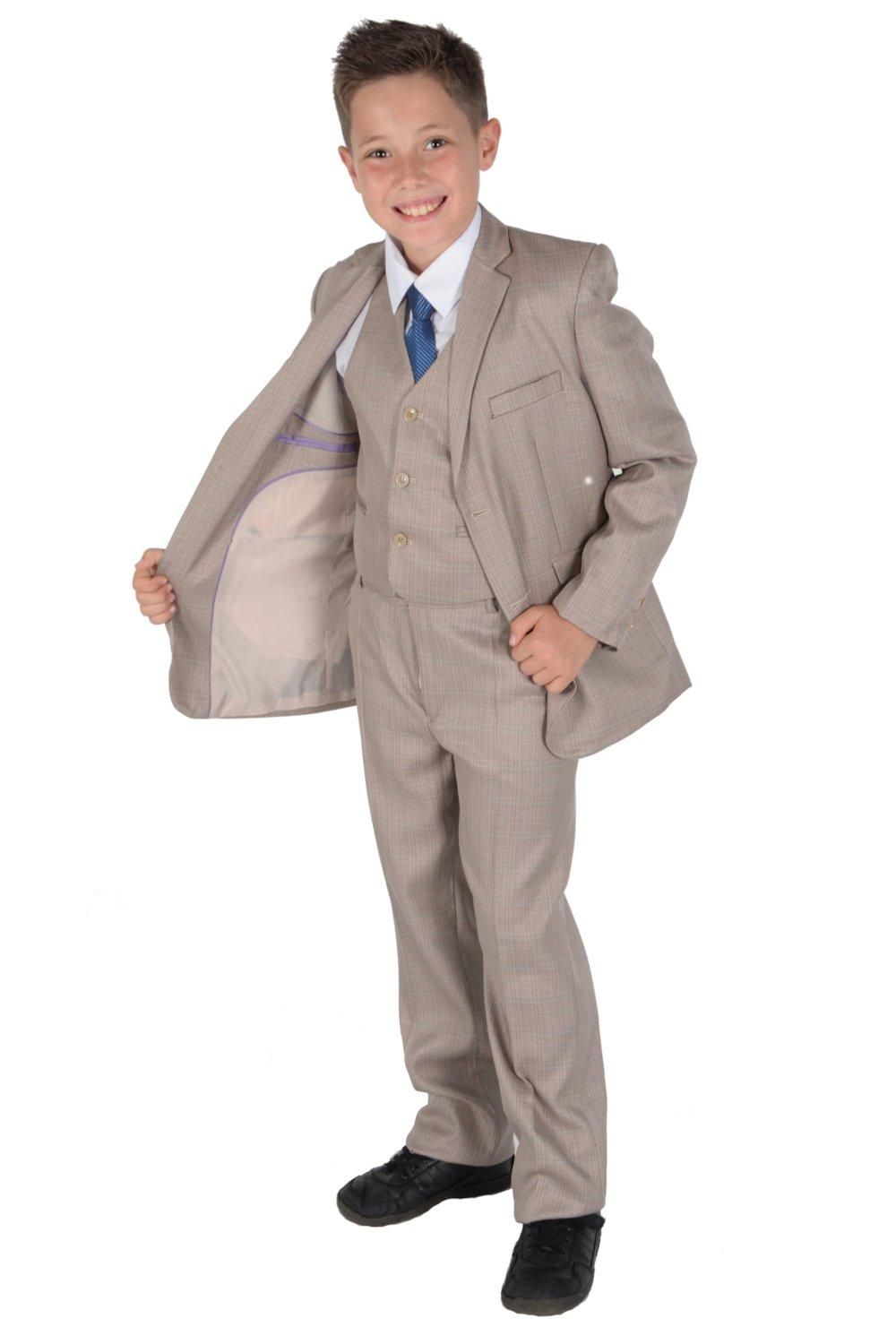 5 Piece Beige Checkered Suit Wedding Suit Prom Page Boy Suit 2-15 Year