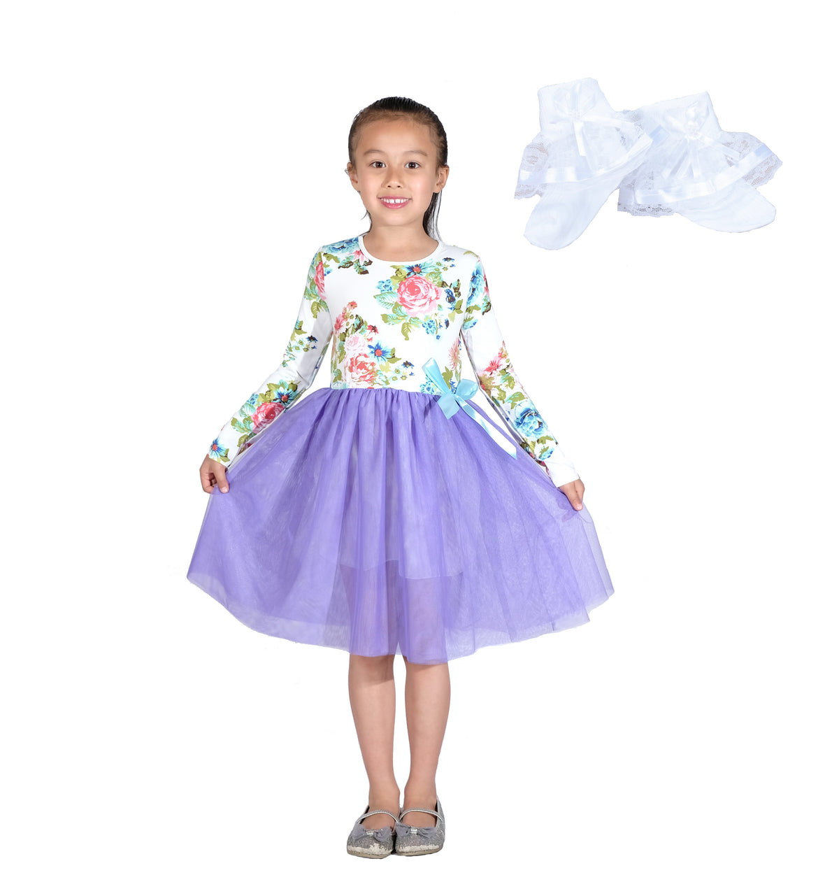 Girls Floral Tutu Dress with Lace Socks