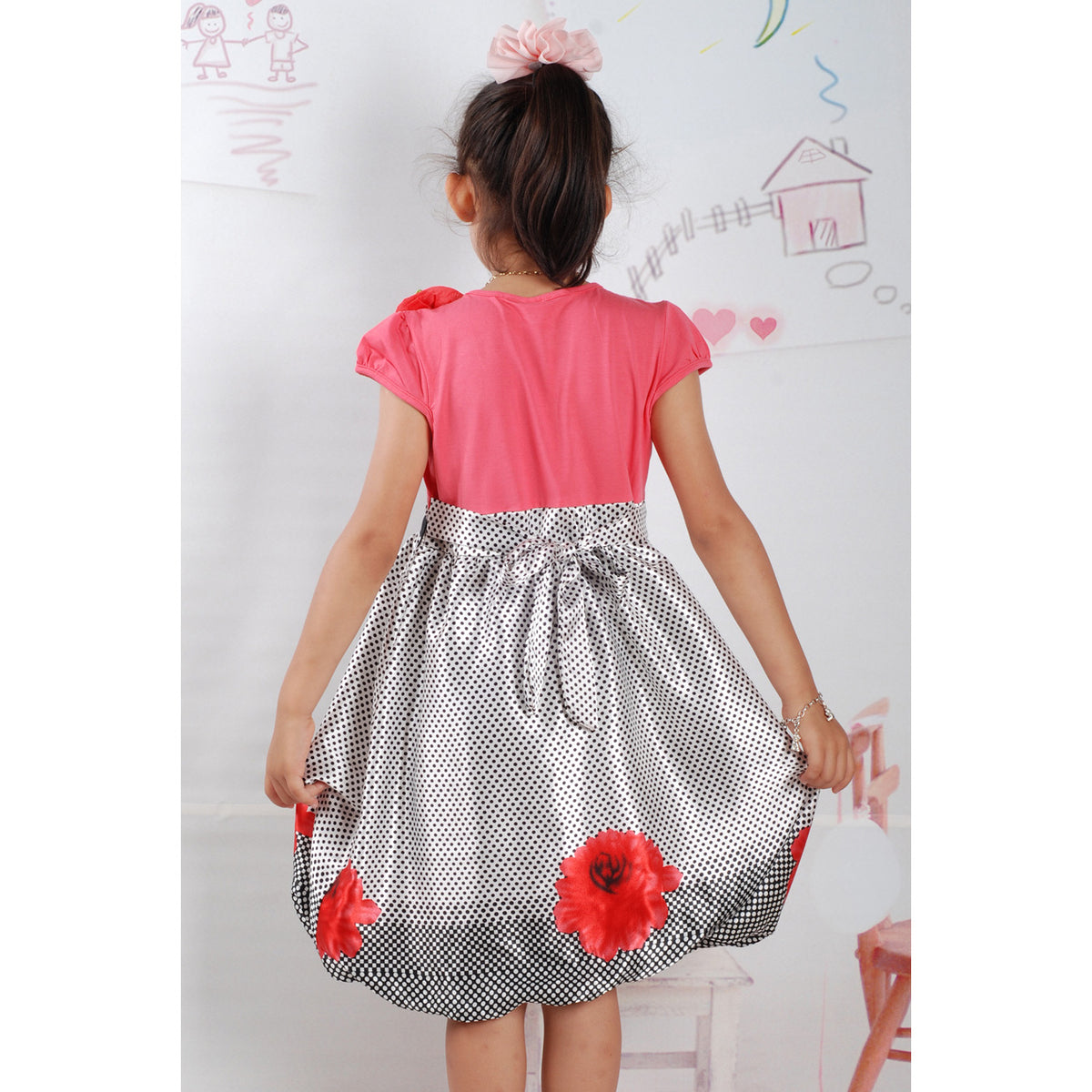 Girls Polka Dot & Flower Print Dress