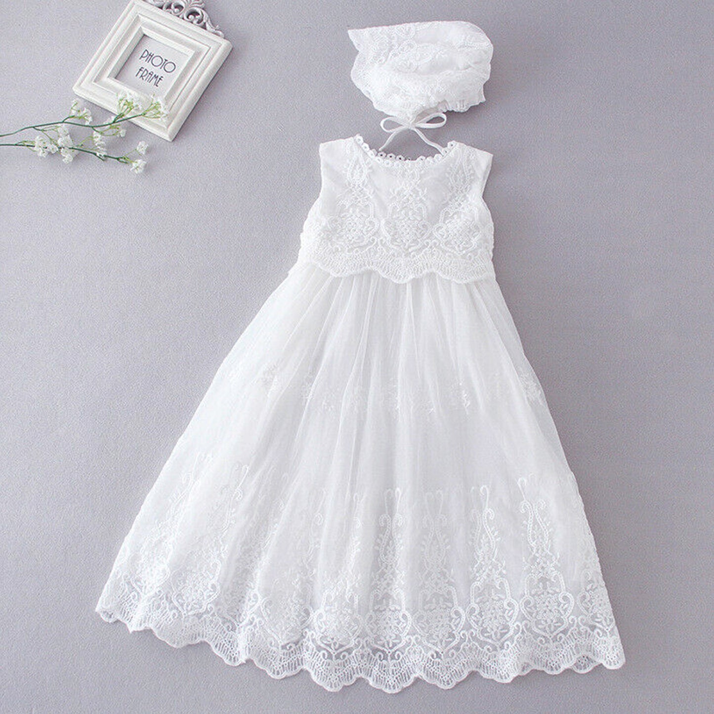 Floral Lace Christening Gown with Bonnet