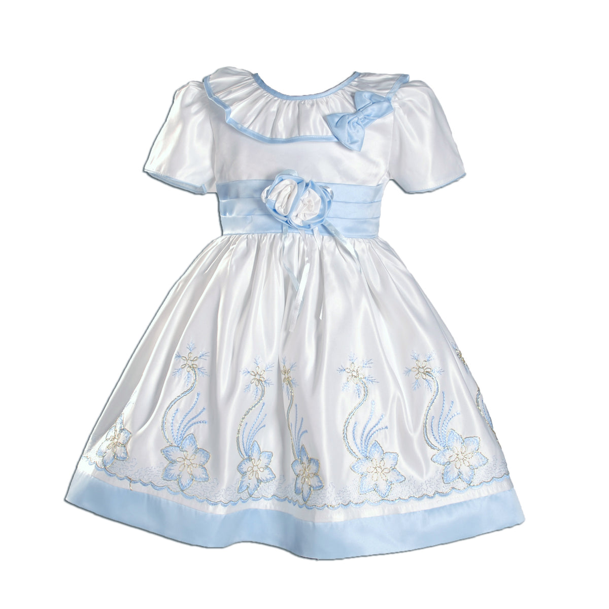 Girls Satin Embroidered Floral Party Dress with Gold Detail