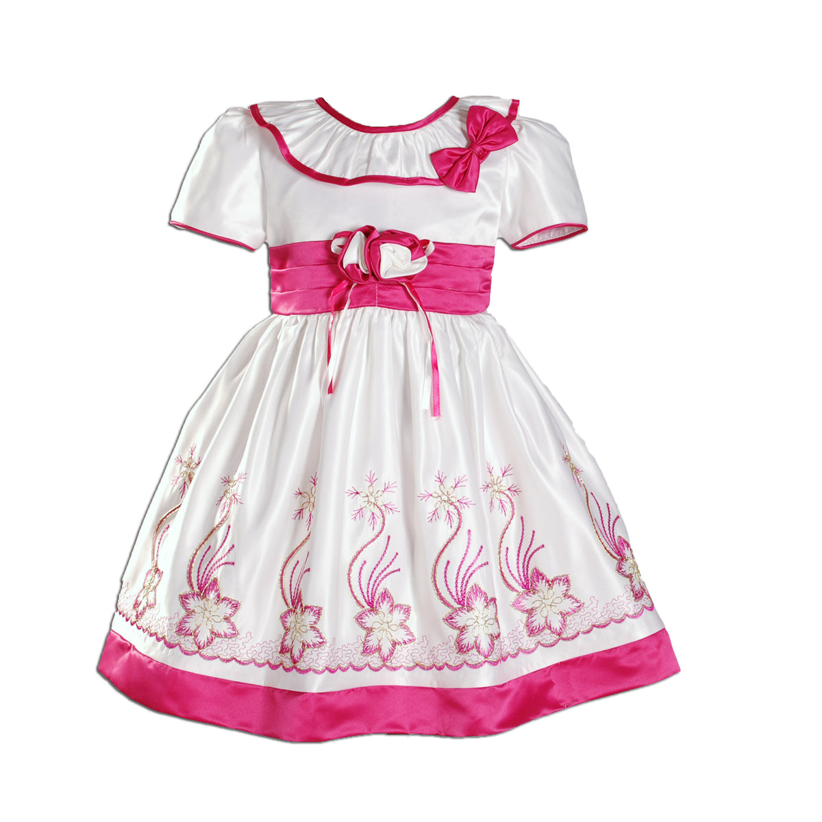 Girls Satin Embroidered Floral Party Dress with Gold Detail