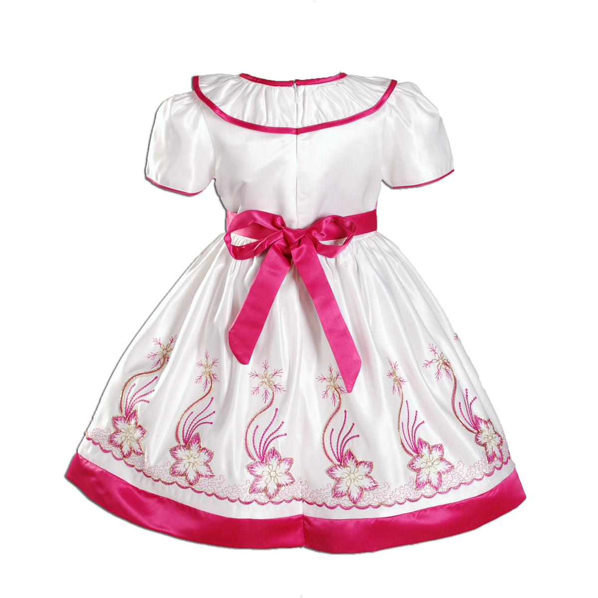 Girls Satin Embroidered Floral Party Dress with Gold Detail