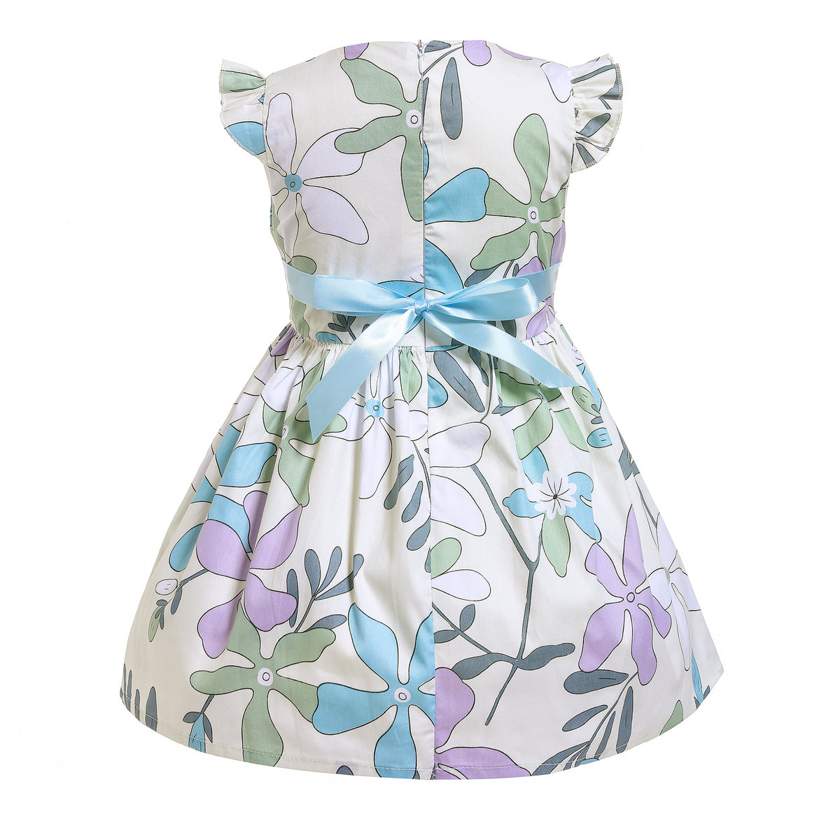 Girls Light Blue Floral Cotton Dress