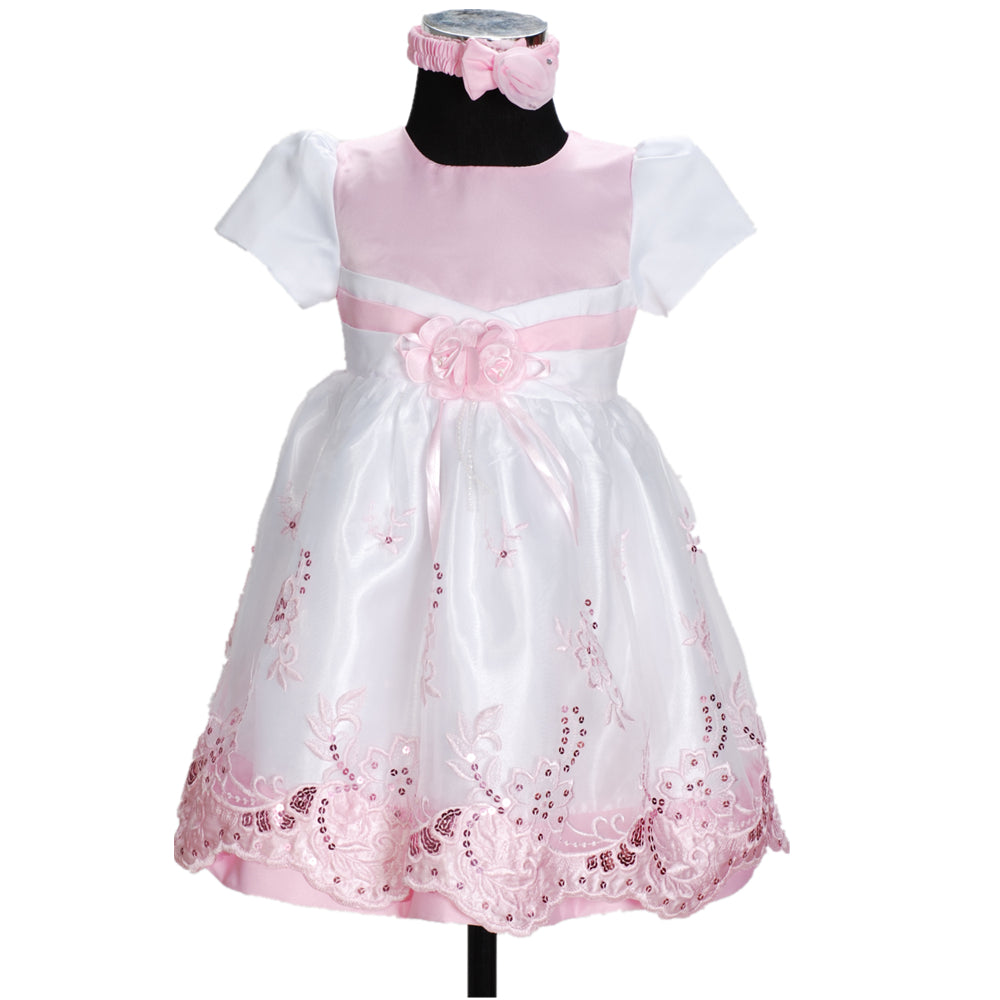 Baby Girls Satin Sequin Floral Dress & Headband