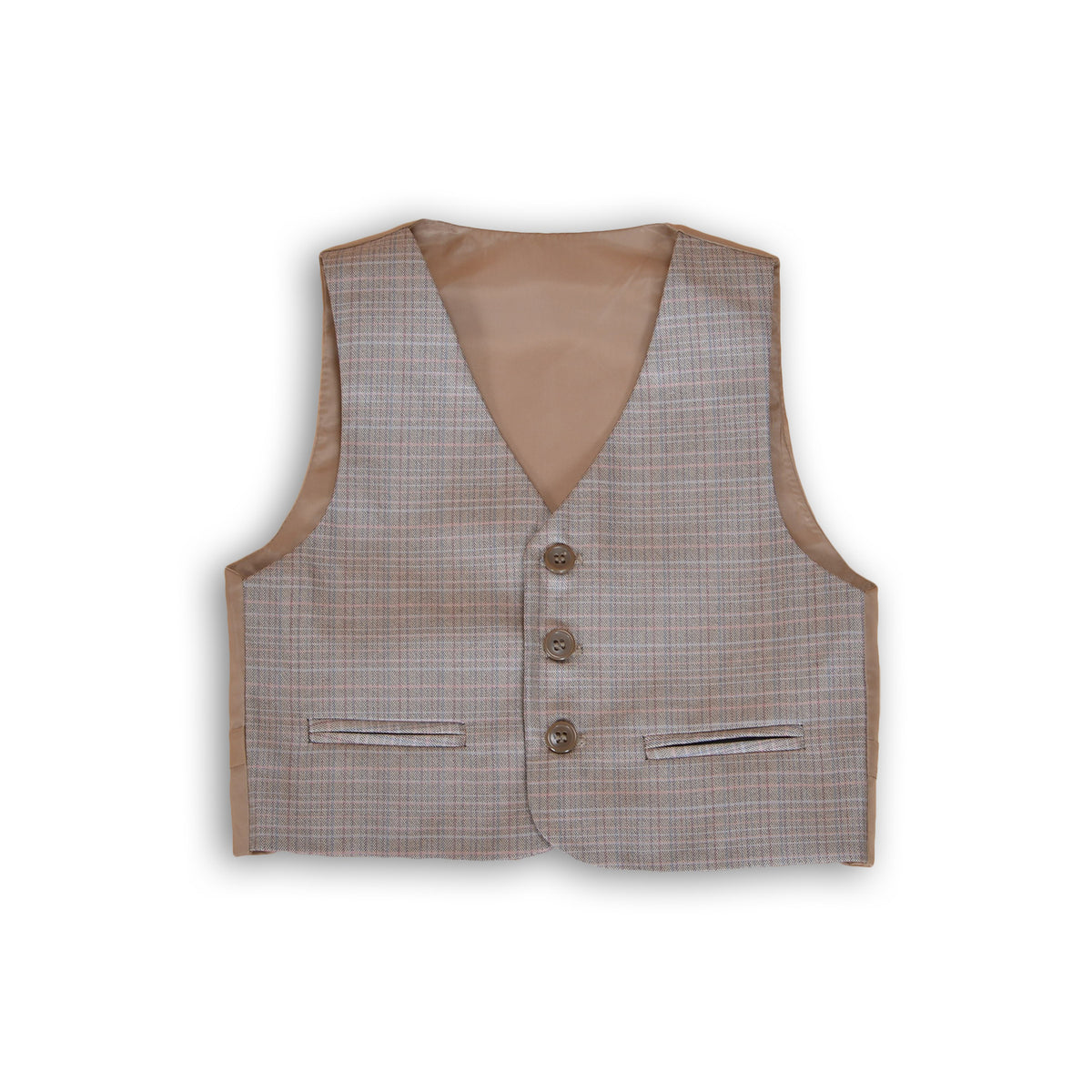 Boys Beige Check 5 Piece Suit – Page Boy, Wedding & Prom Suit with Waistcoat, Shirt & Tie – Age 2–15
