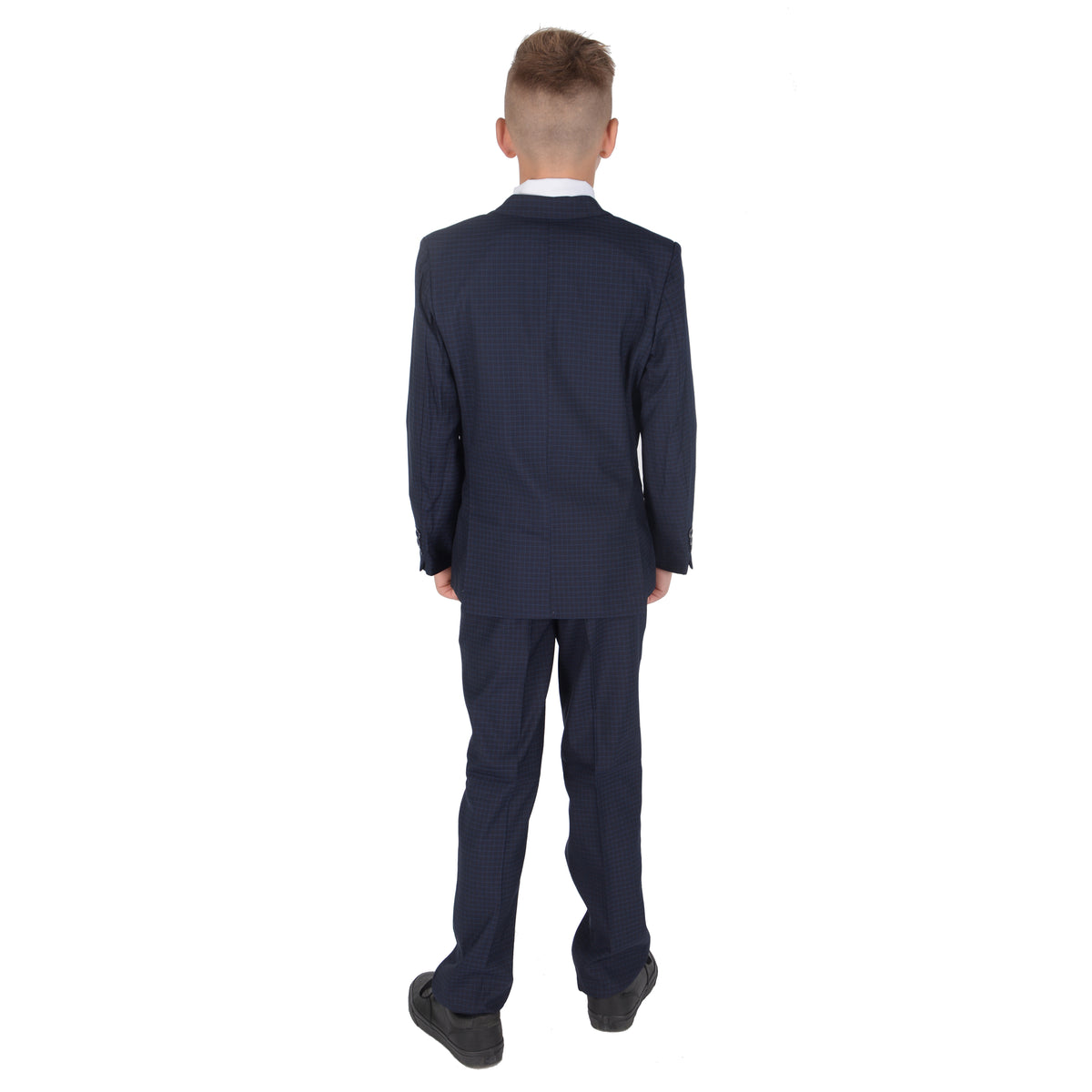 Boys Navy Check 5 Piece Suit – Page Boy, Wedding & Prom Suit with Waistcoat, Shirt & Tie – Age 2–15