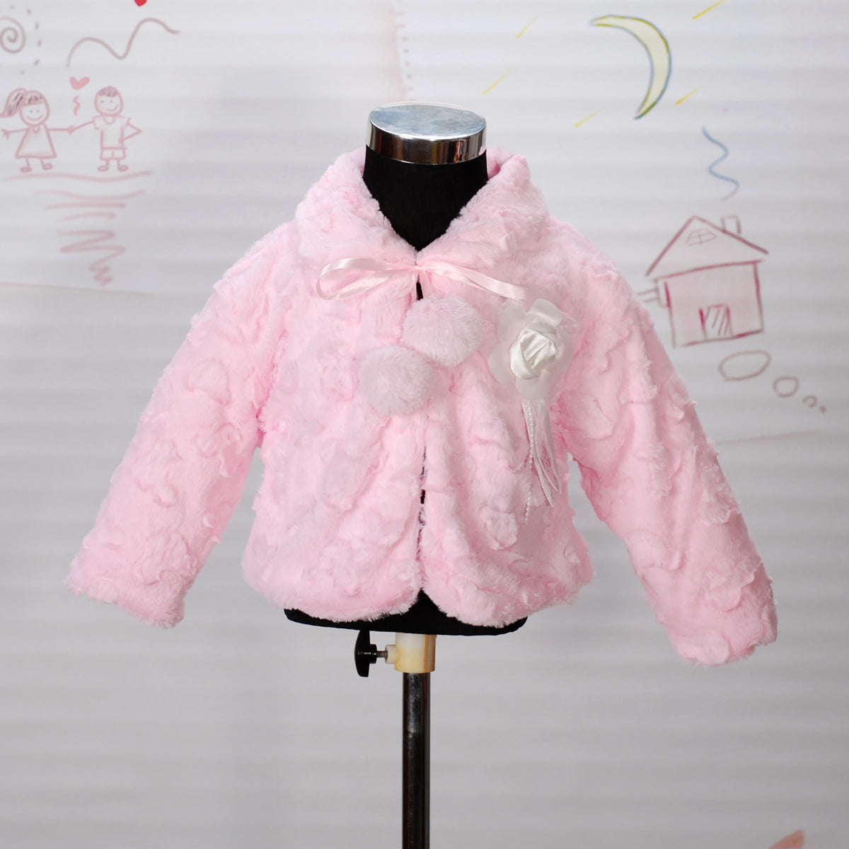 Girls Faux Fur Coat with Flower Detail