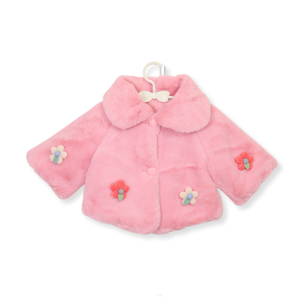 Girls Faux Fur Button Coat with Flowers