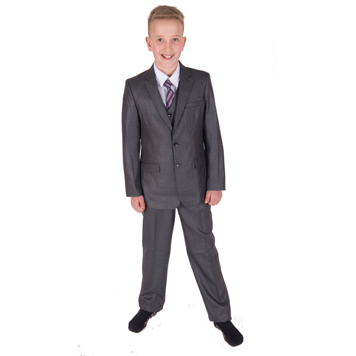 Boys Grey Check 5 Piece Suit – Page Boy, Wedding & Prom Suit with Waistcoat, Shirt & Tie – Age 2–15