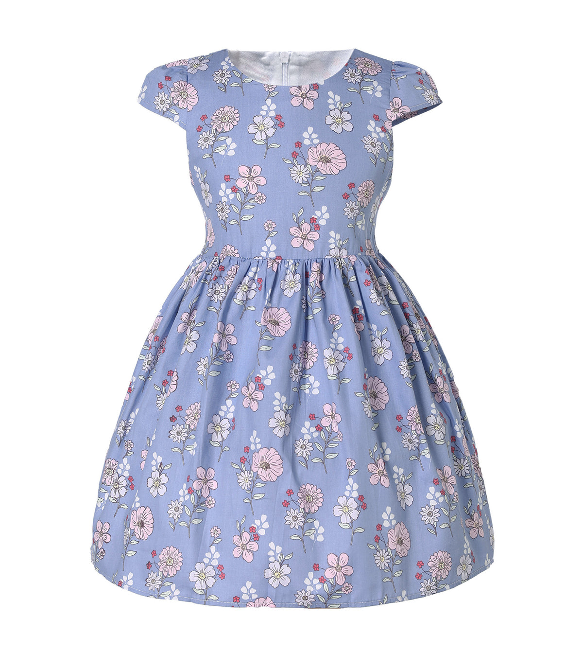 Girls Blue & Pink Floral Cotton Dress