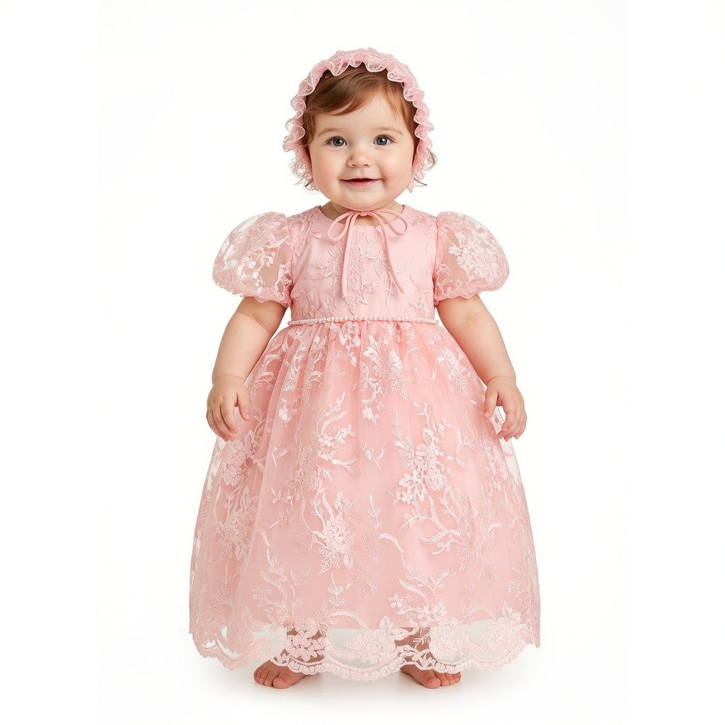 Lace Christening Gown Party Dress with Bonnet