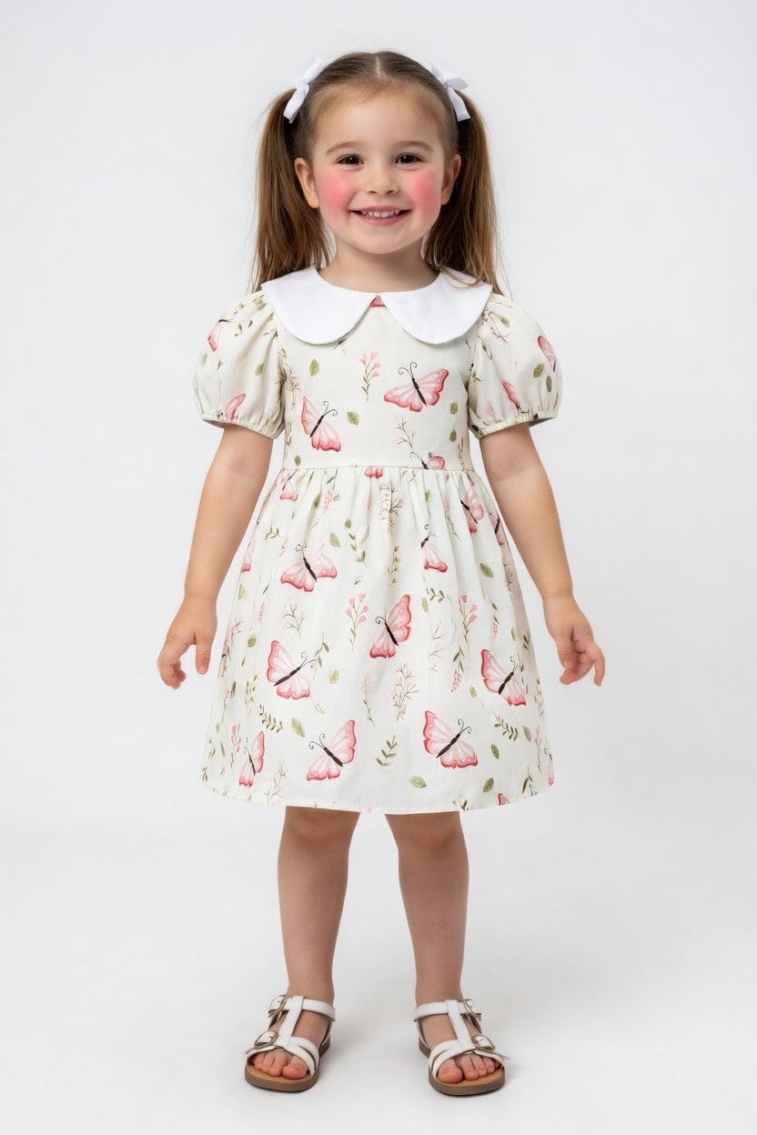 Girls Butterfly Print Dress with Peter Pan Collar