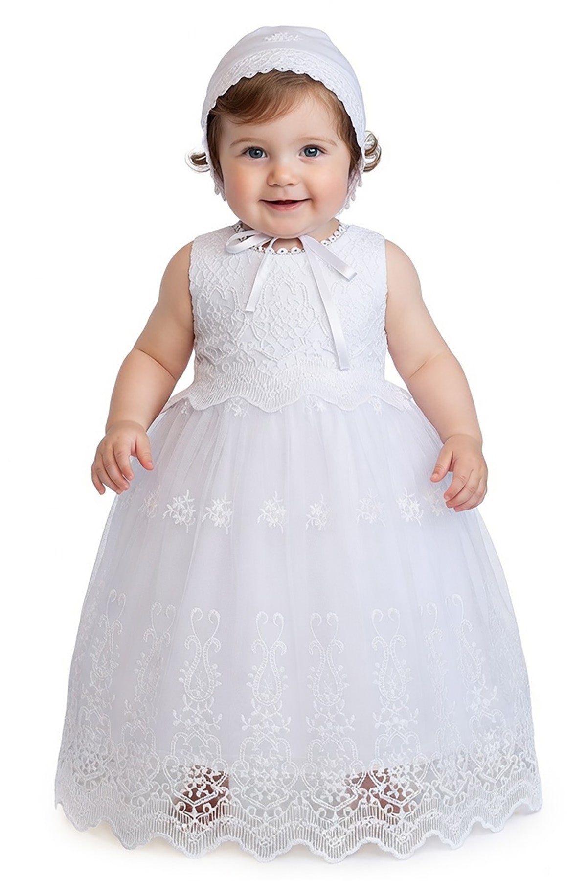 Floral Lace Christening Gown with Bonnet
