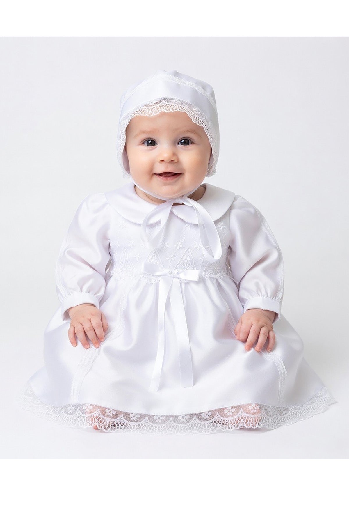 Satin Christening Dress with Bonnet