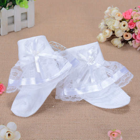 Girls White Frilly Lace Flower Christening Socks 1-8 Years