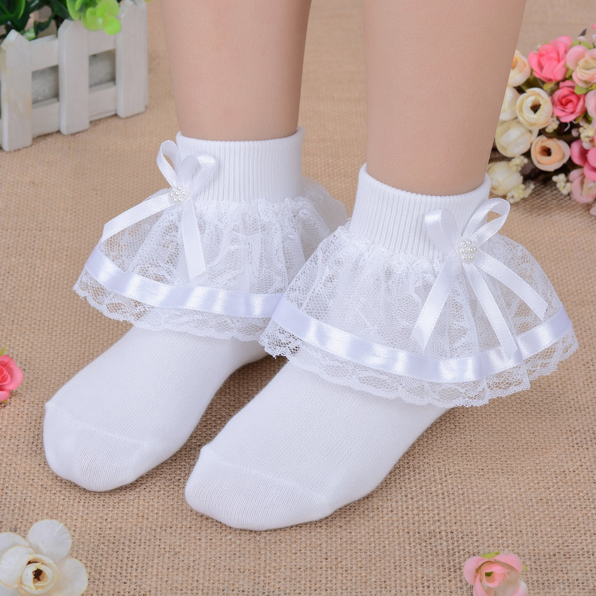Girls White Frilly Lace Flower Christening Socks 1-8 Years