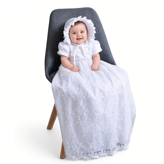 Lace Long Christening Gown with Bonnet