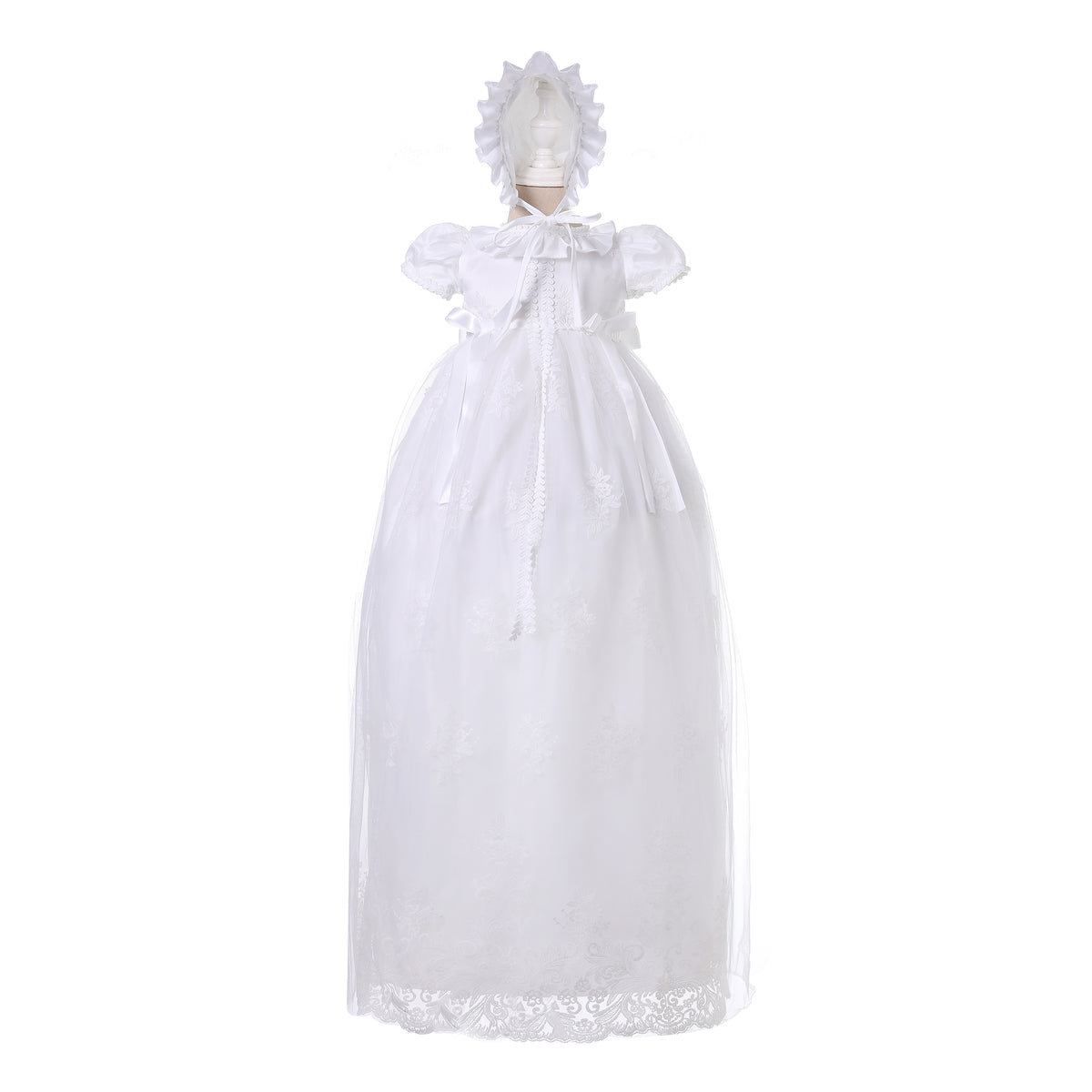 Floral Lace Long Christening Gown with Bonnet