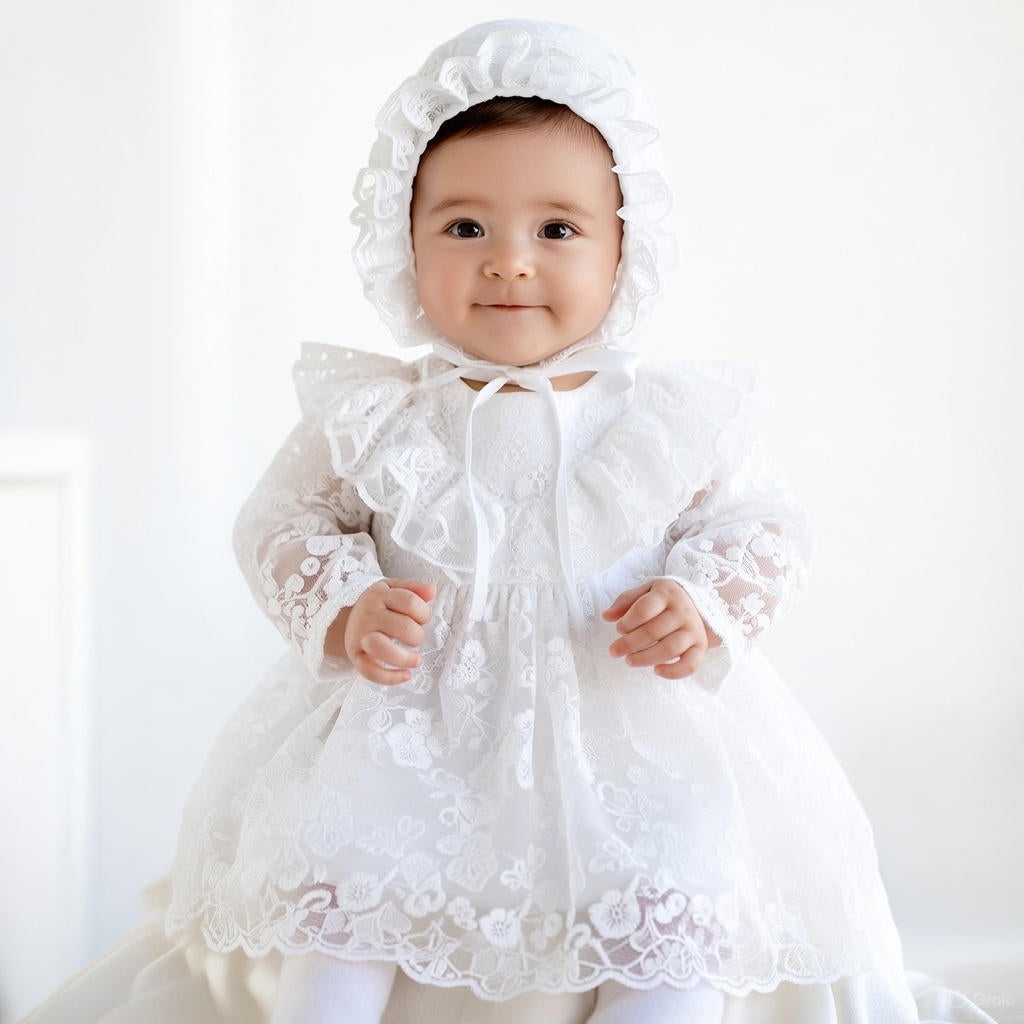 Sequin and Lace Christening Party Dress with Bonnet