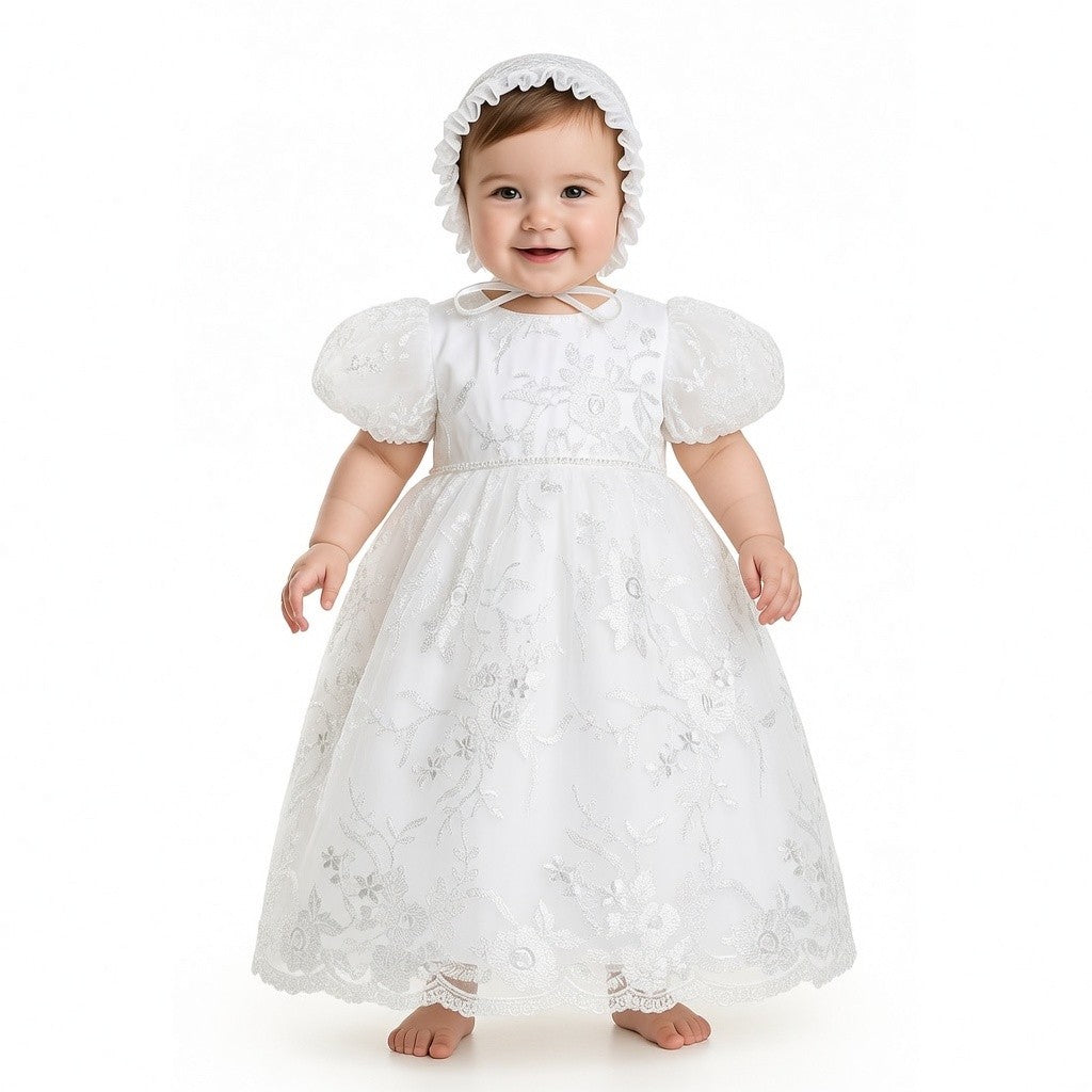 Lace Christening Gown Party Dress and Bonnet