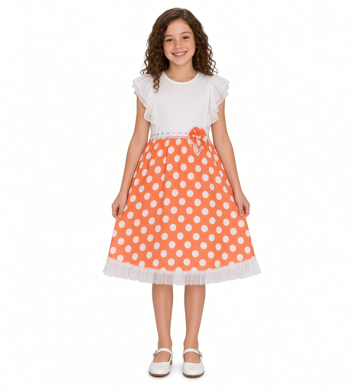 Girls Lace & Dot Party Dress with Flower Belt