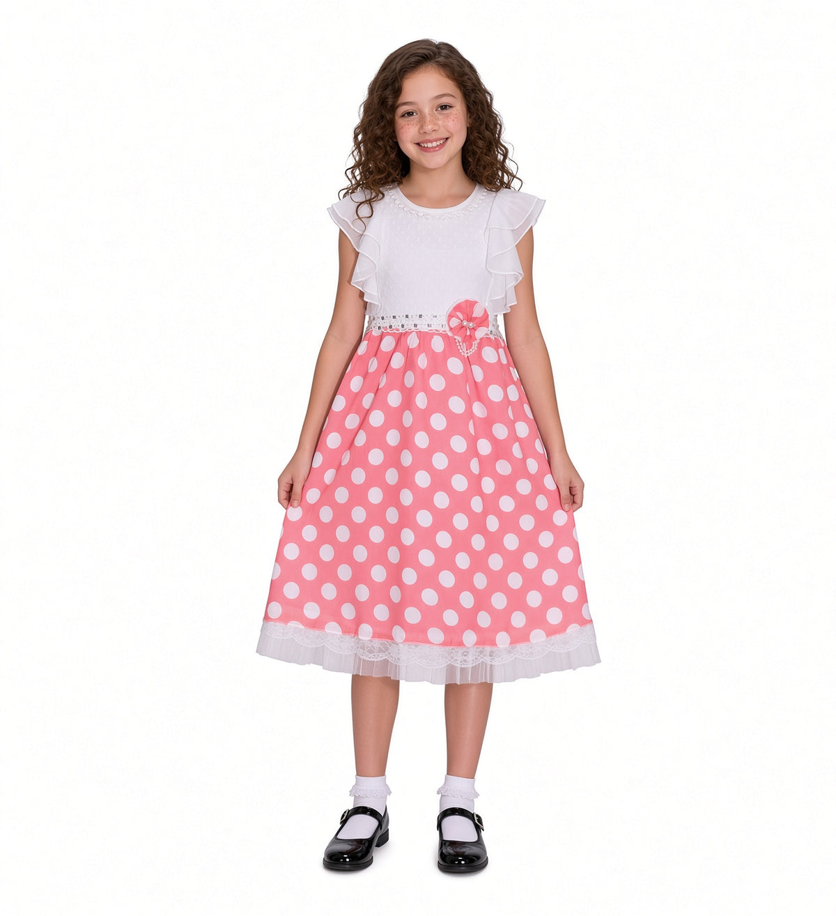 Girls Lace & Dot Party Dress with Flower Belt