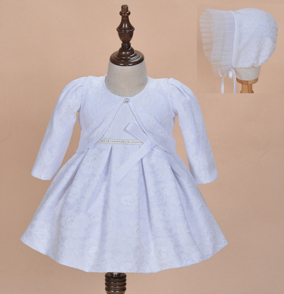Lace Christening Party Dress with Bonnet and Bolero