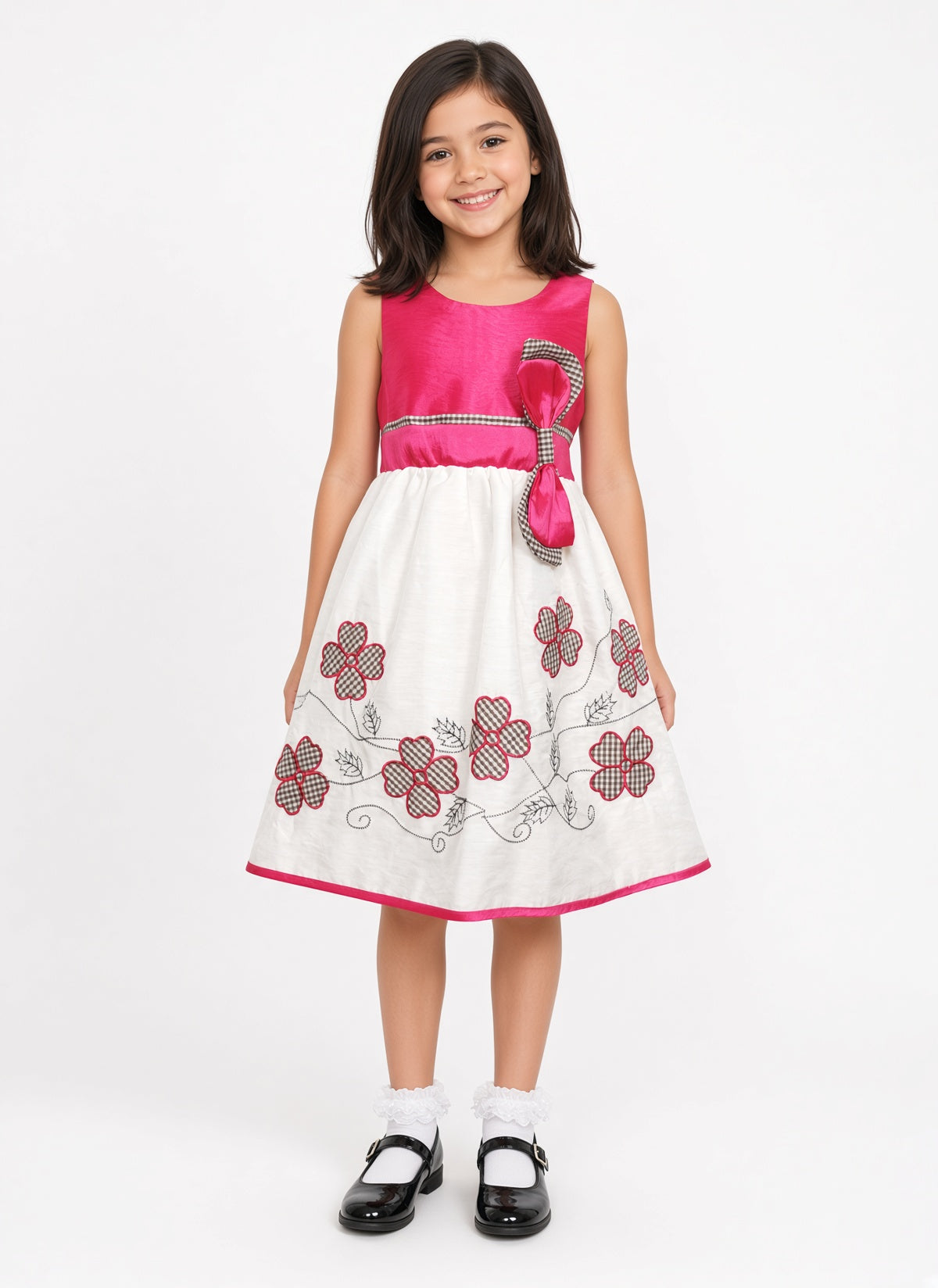 Girls Embroidered Floral Party Dress with Checked Bow
