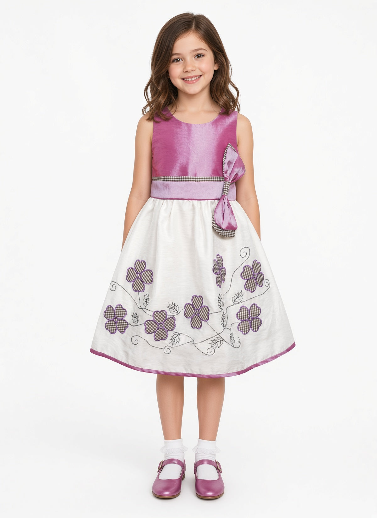 Girls Embroidered Floral Party Dress with Checked Bow