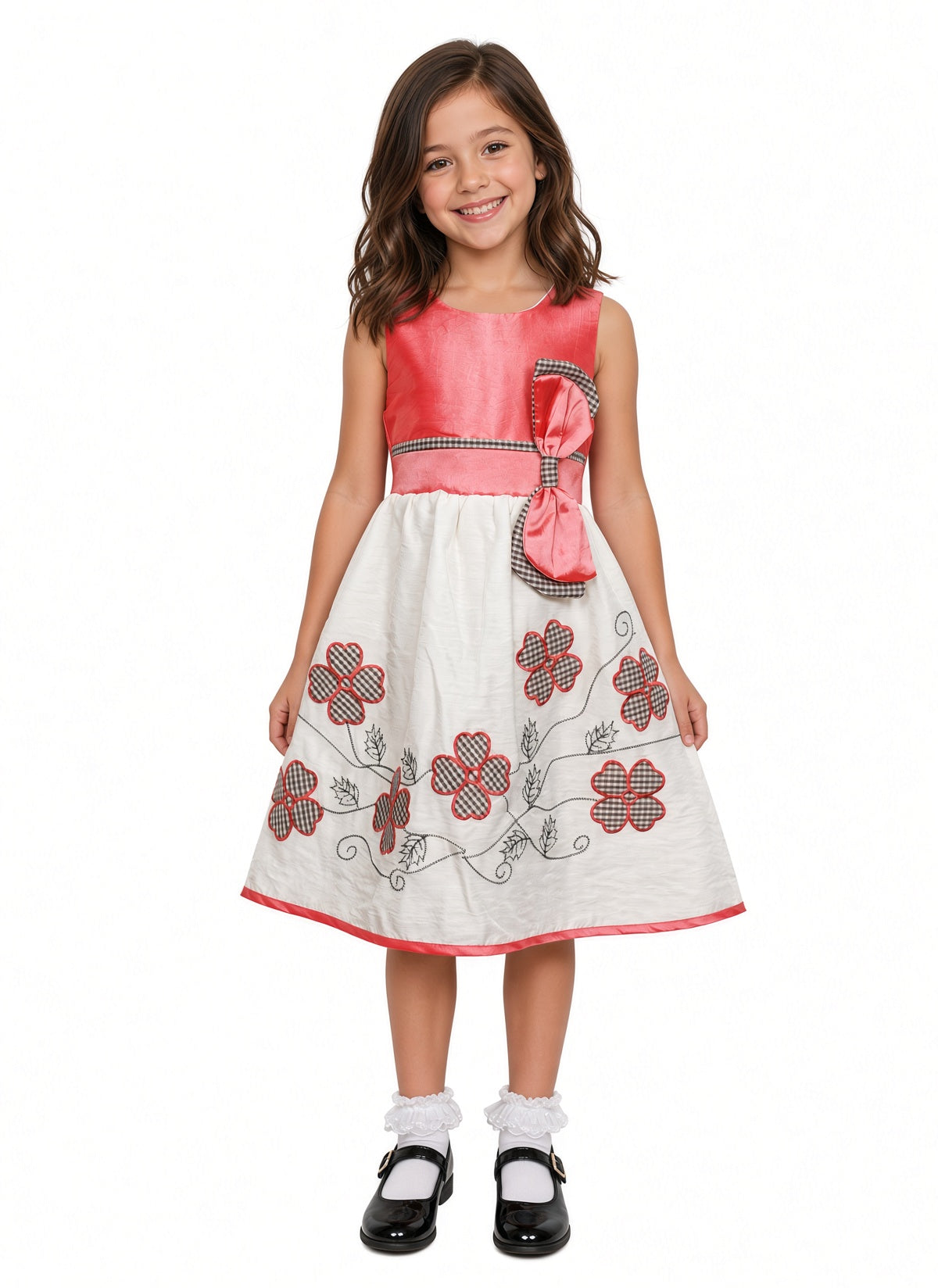 Girls Embroidered Floral Party Dress with Checked Bow