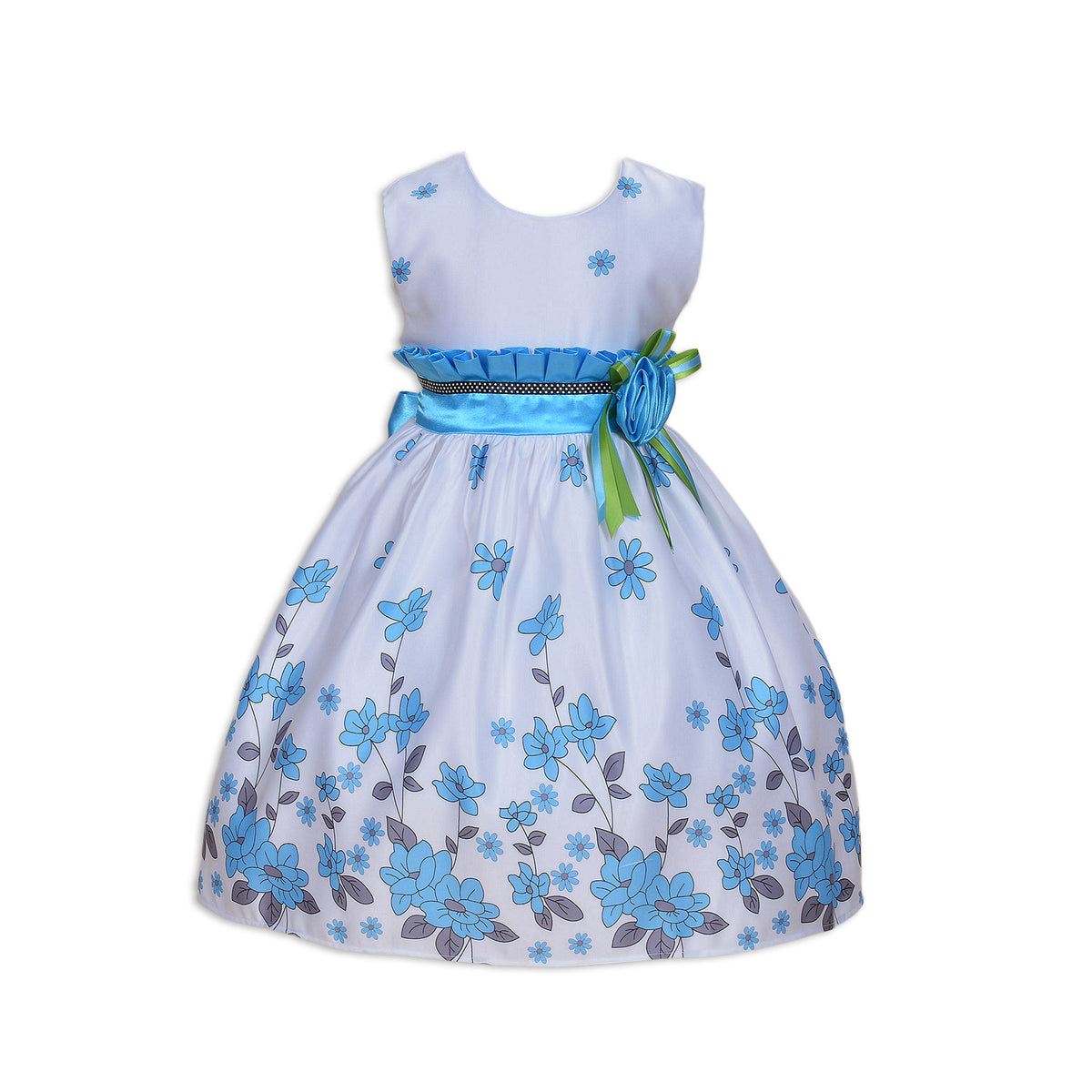 Girls Floral Print Party Dress with Flower Waist
