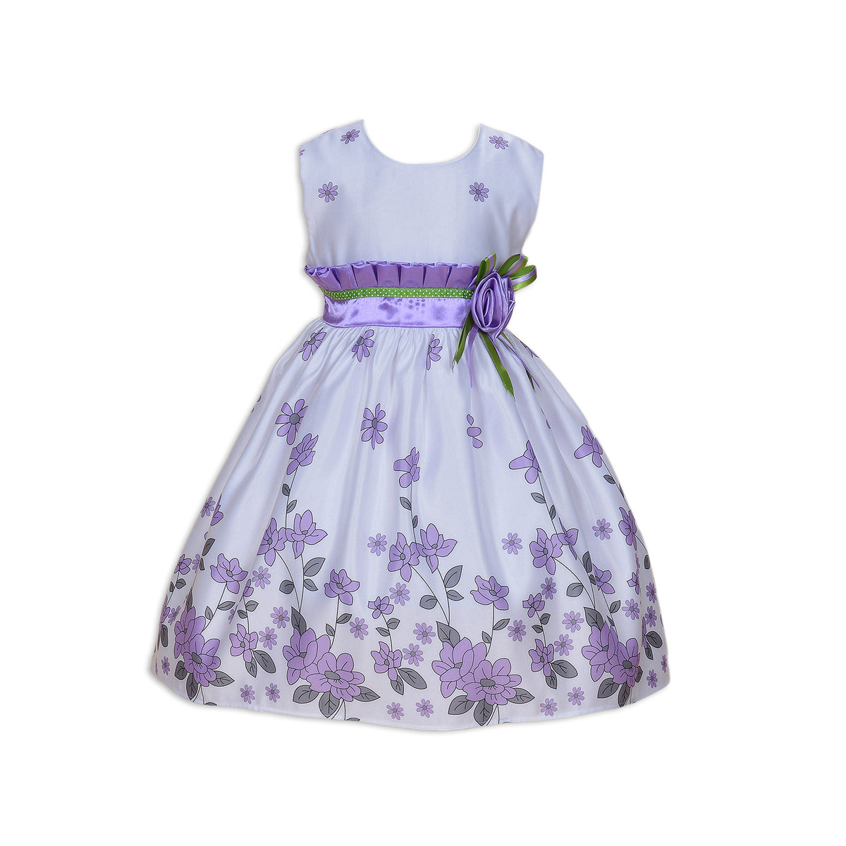 Girls Floral Print Party Dress with Flower Waist