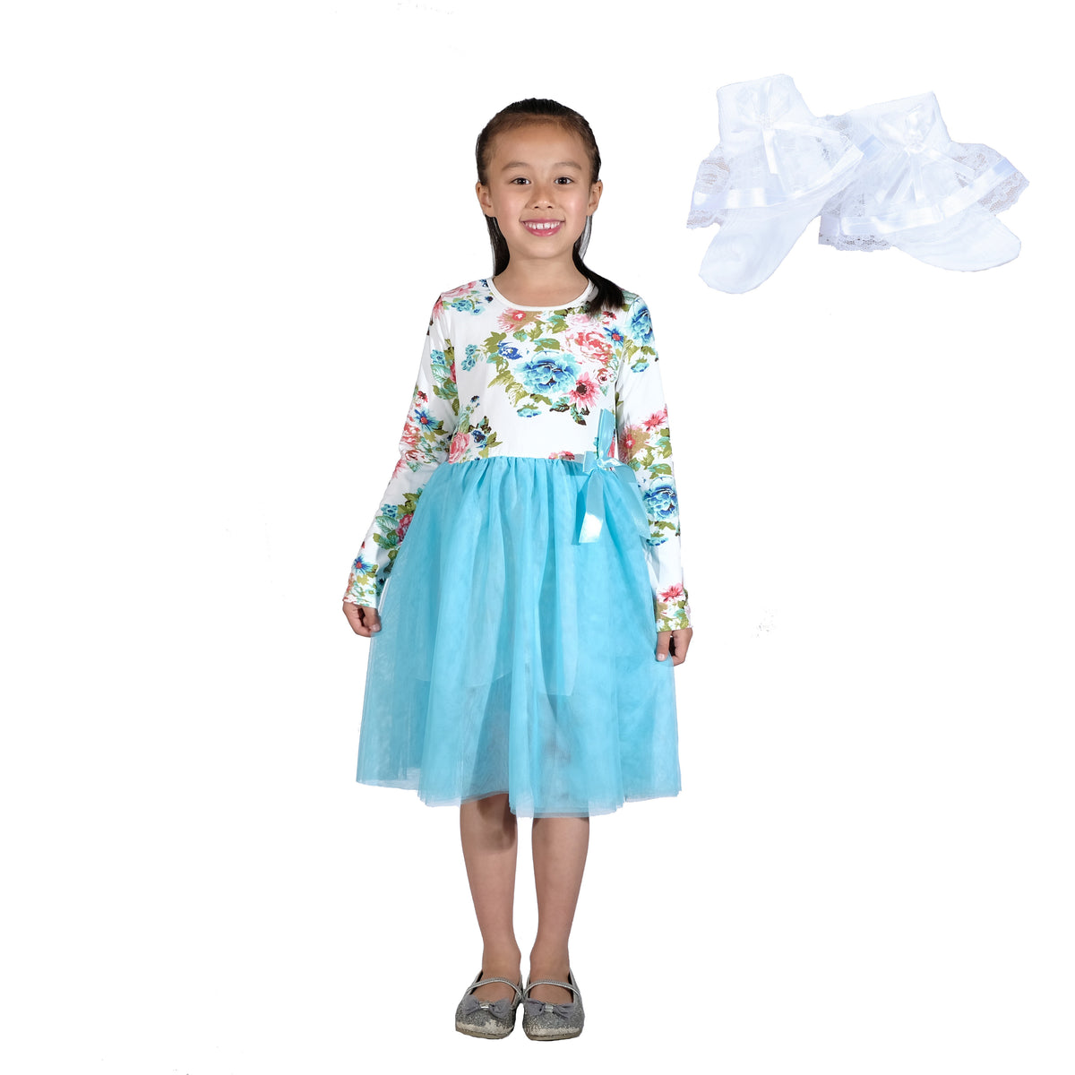 Girls Floral Tutu Dress with Lace Socks