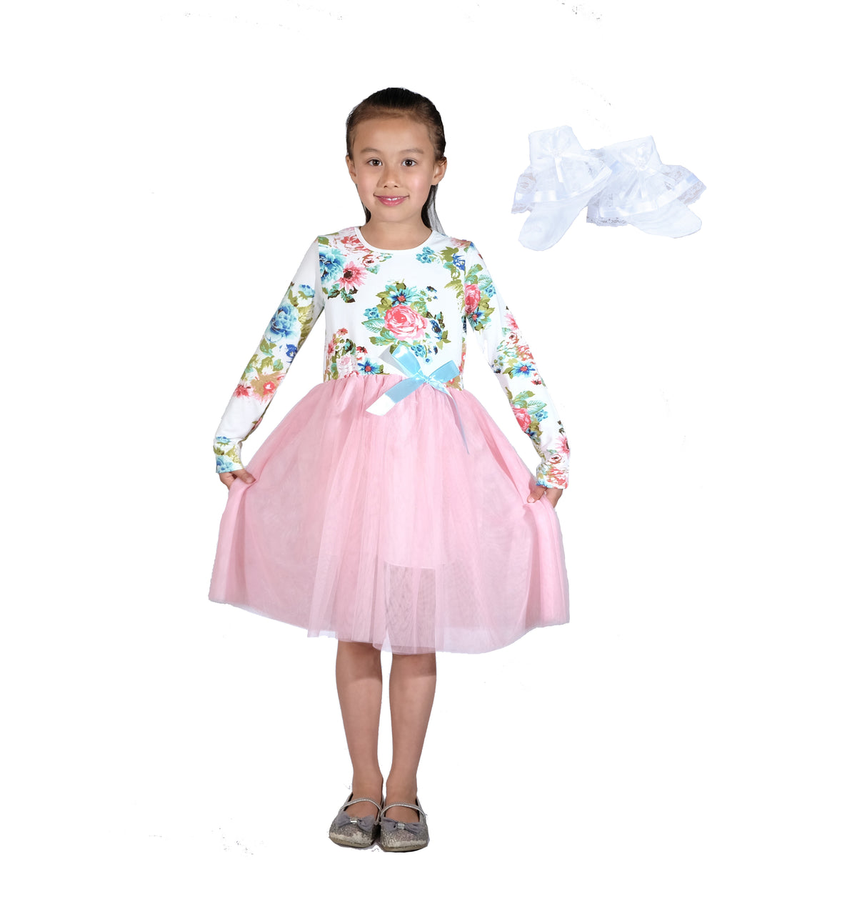 Girls Floral Tutu Dress with Lace Socks