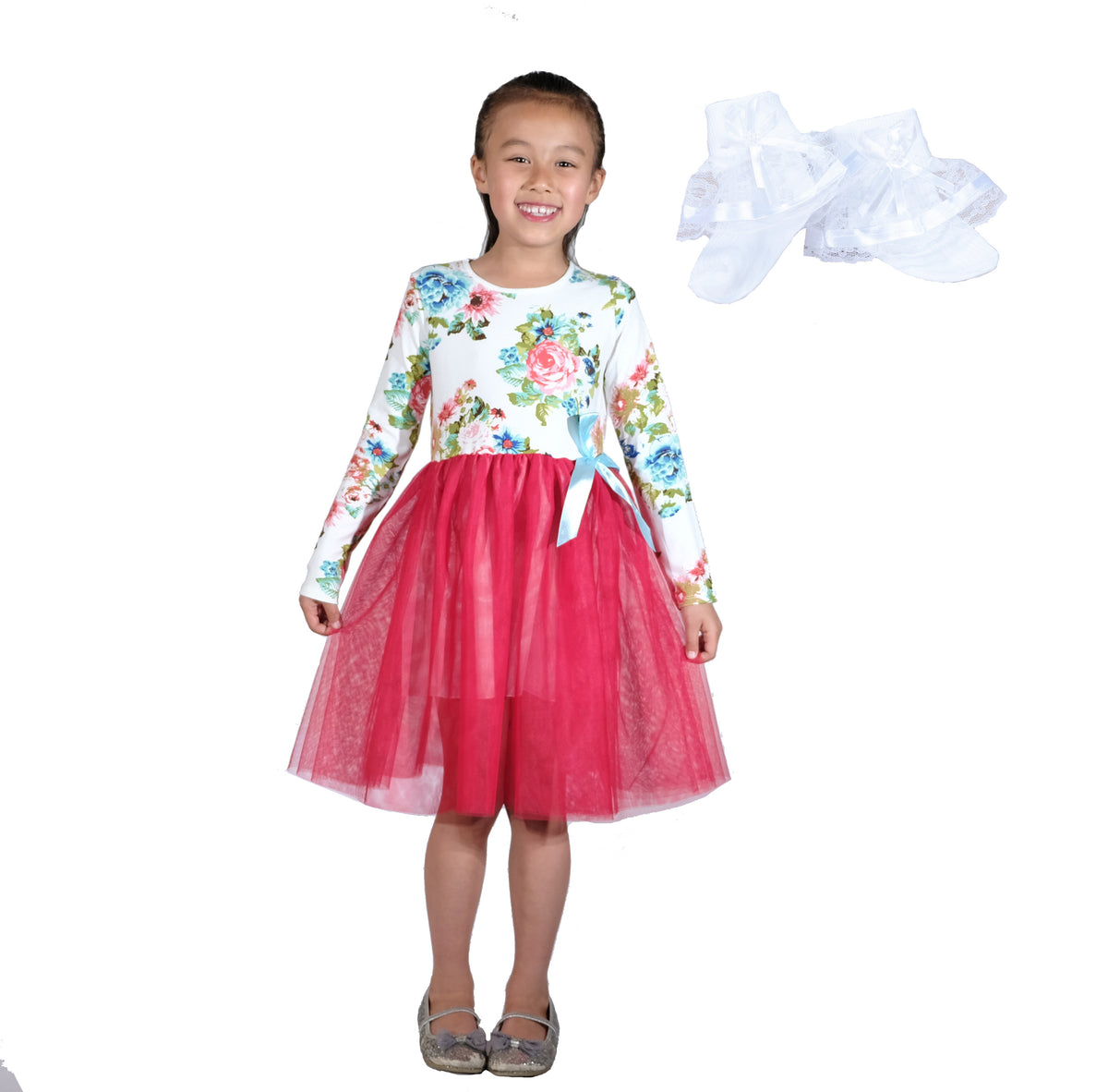 Girls Floral Tutu Dress with Lace Socks