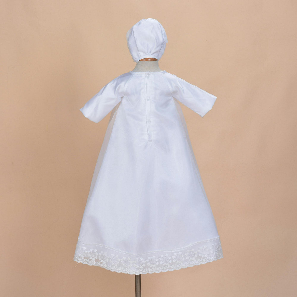 Long Sleeves Satin Christening Long Gown and Bonnet