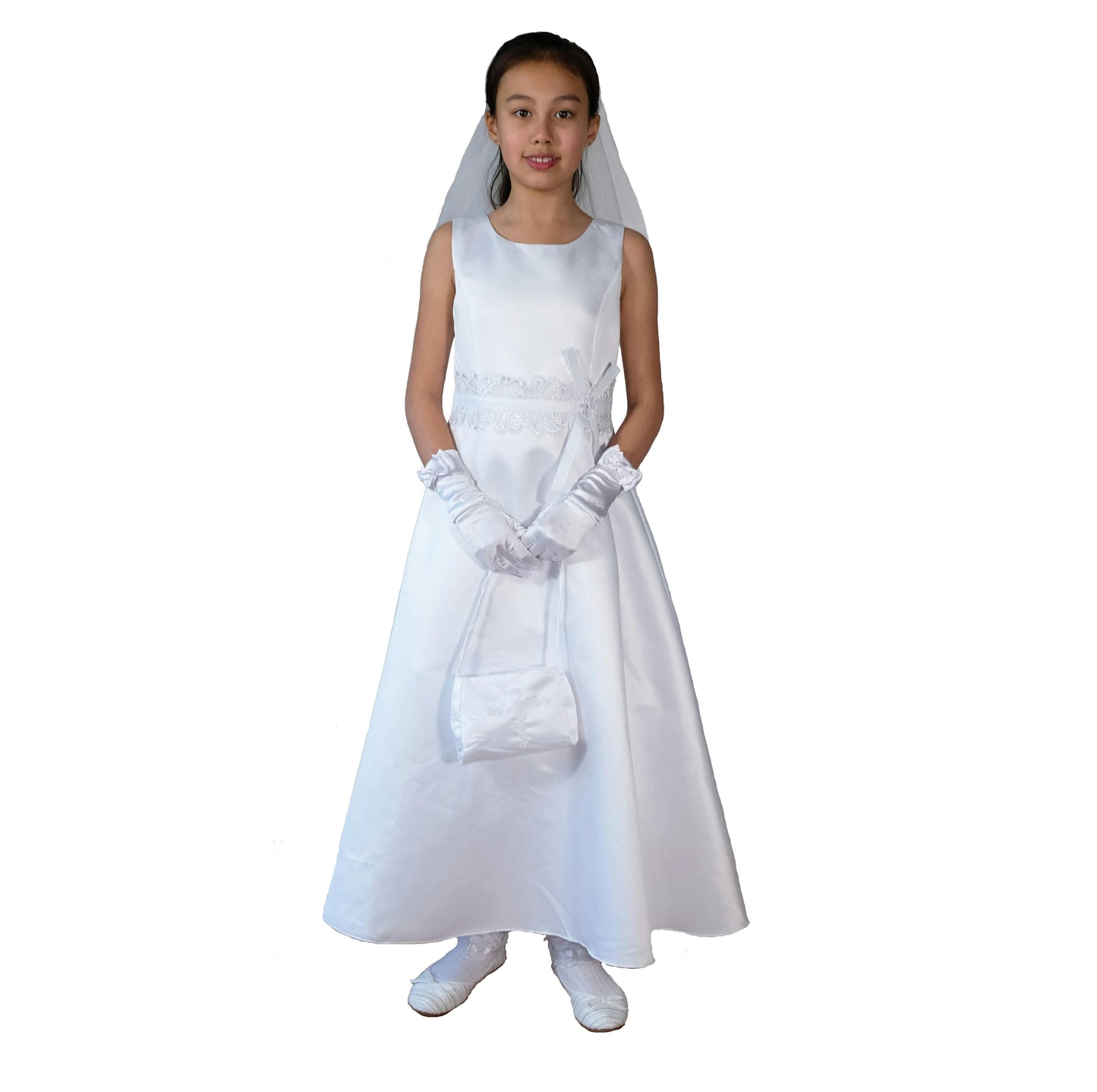 Satin Holy Communion Dress with Handbag and Veil