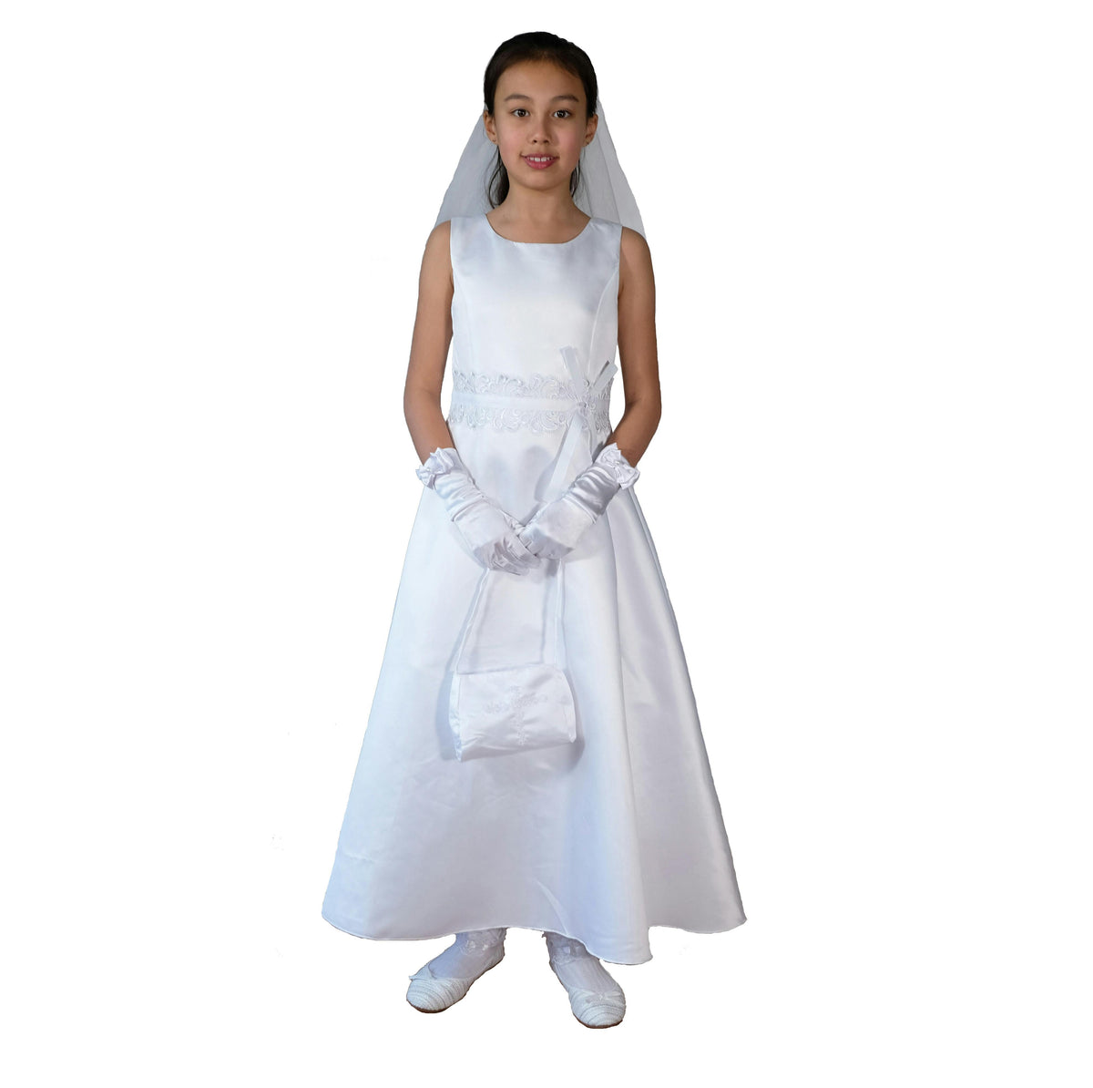 Satin Holy Communion Dress with Handbag and Veil - Ivory