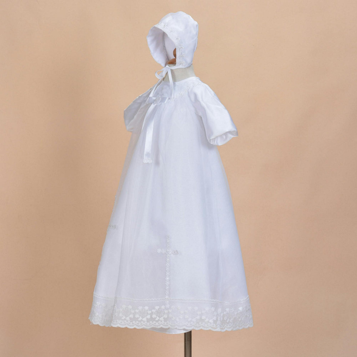 Long Sleeves Satin Christening Long Gown and Bonnet