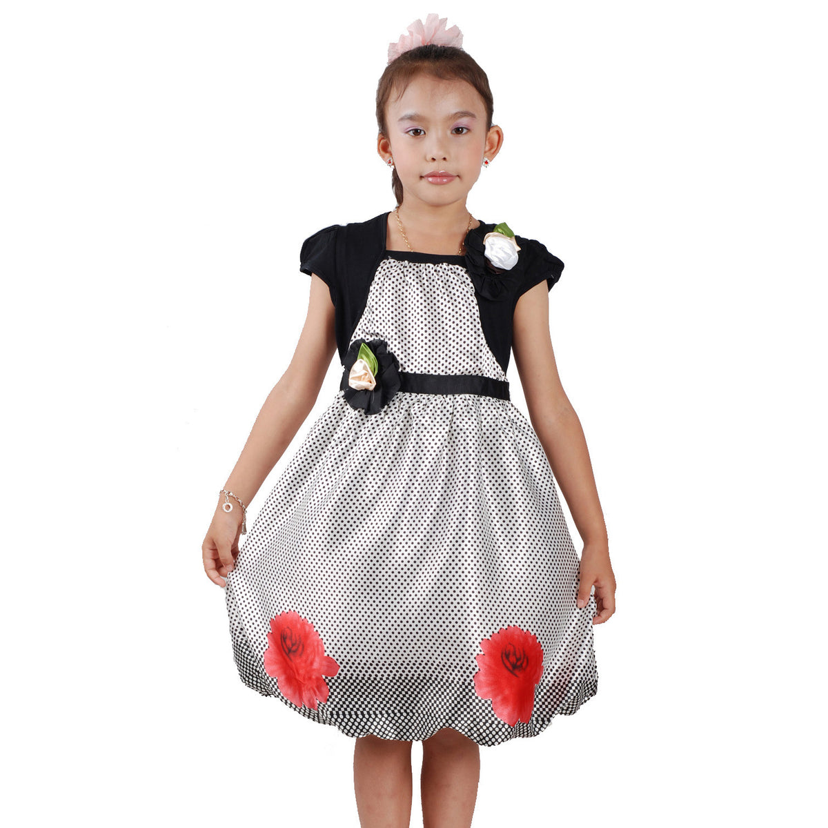 Girls Polka Dot & Flower Print Dress