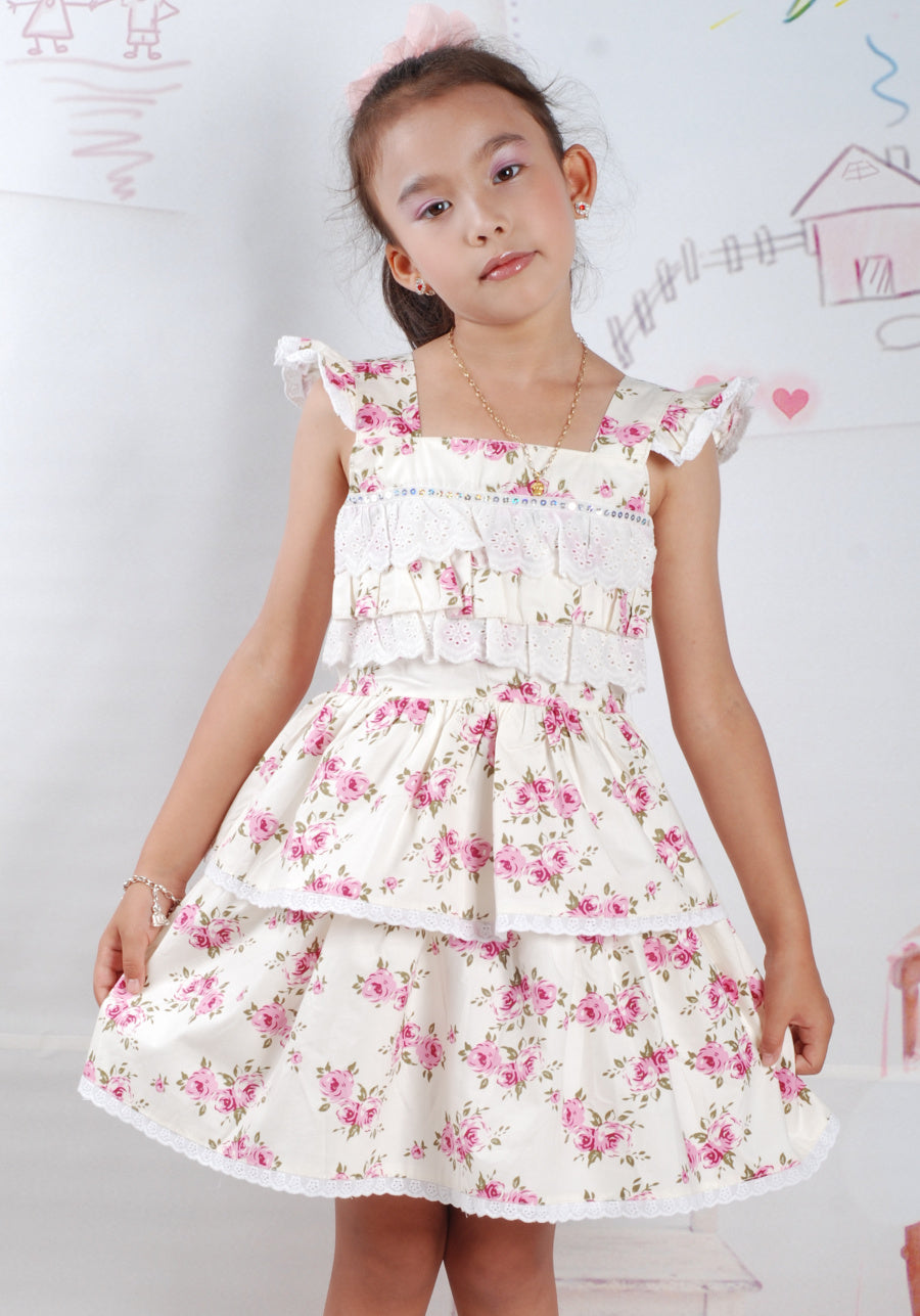 Girls Floral Dress with Sequin & Eyelet Trim