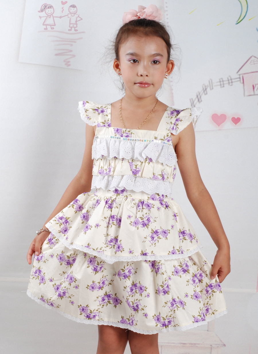 Girls Floral Dress with Sequin & Eyelet Trim