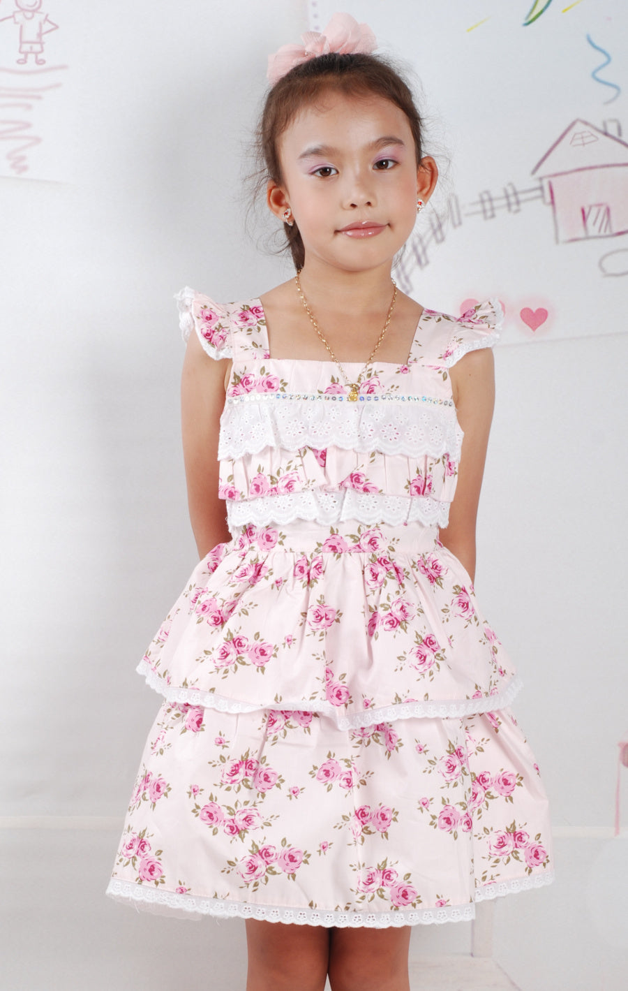 Girls Floral Dress with Sequin & Eyelet Trim