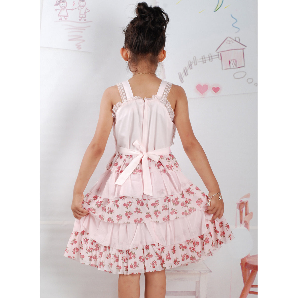 Girls Pink Frill Cascade Floral Party Dress