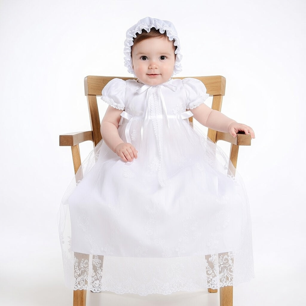 Floral Lace Long Christening Gown with Bonnet