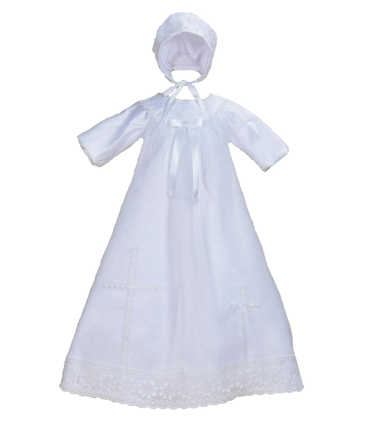 Long Sleeves Satin Christening Long Gown and Bonnet