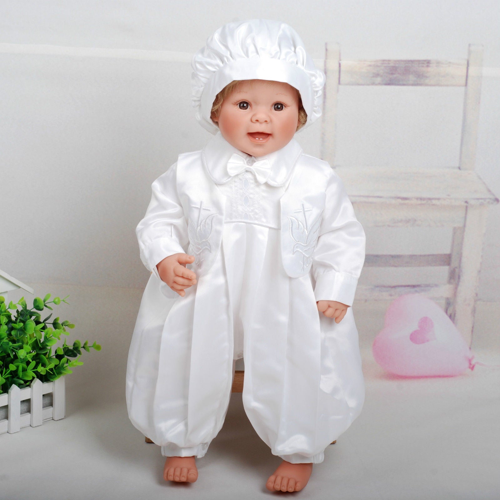 Christening Romper Waistcoat and Hat Set